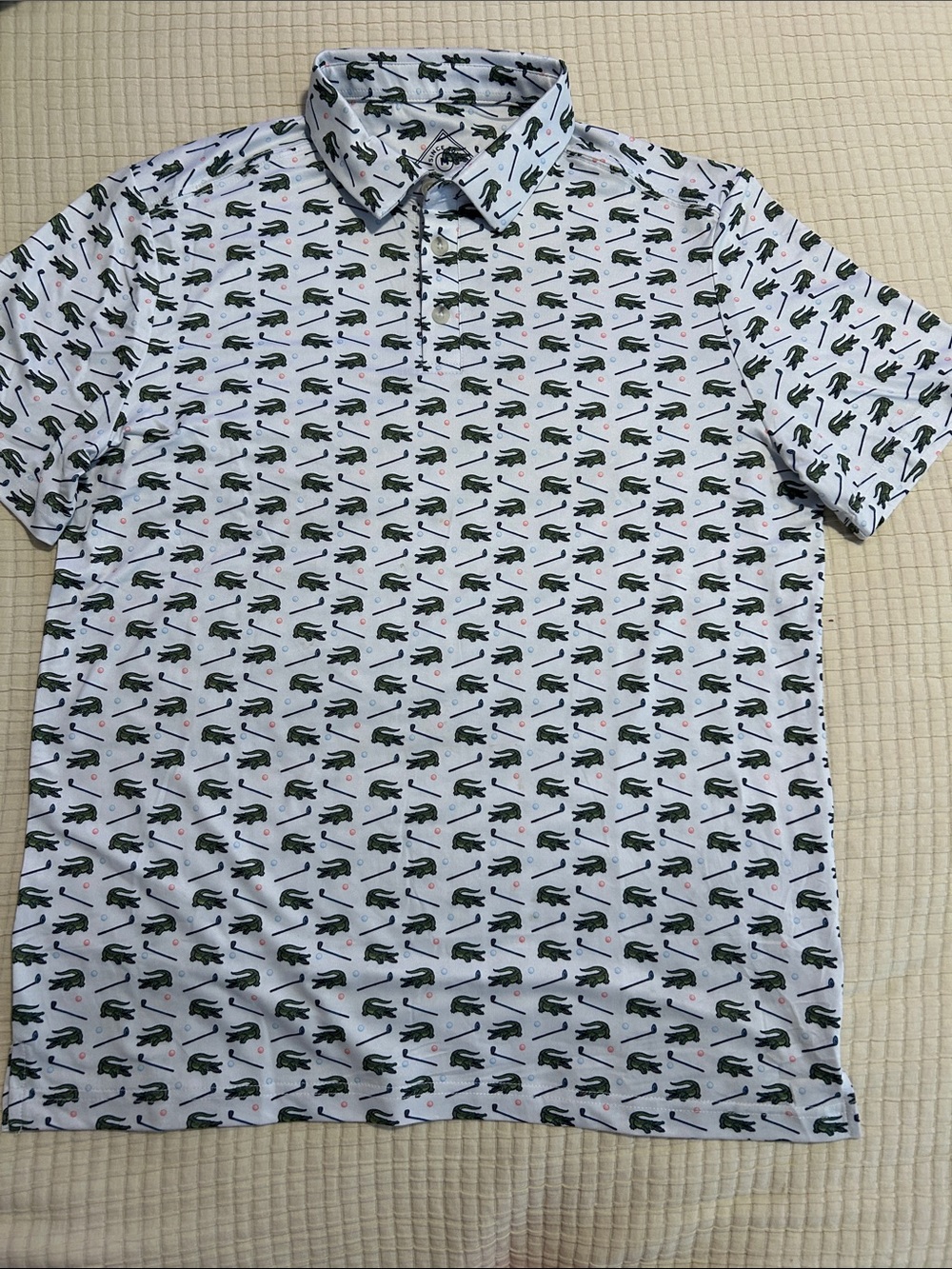 BURLEBO White Polo with Green Crocodile Pattern